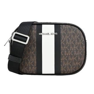 【Michael Kors】JET SET直紋滿版相機斜揹包(咖啡銀logo)