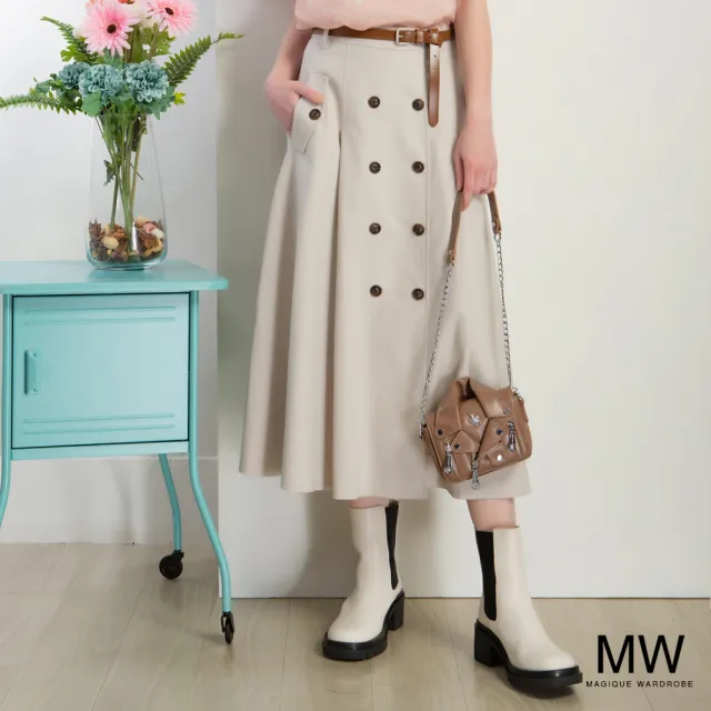 【MAGIQUE WARDROBE】後鬆緊排釦中長裙(2色)