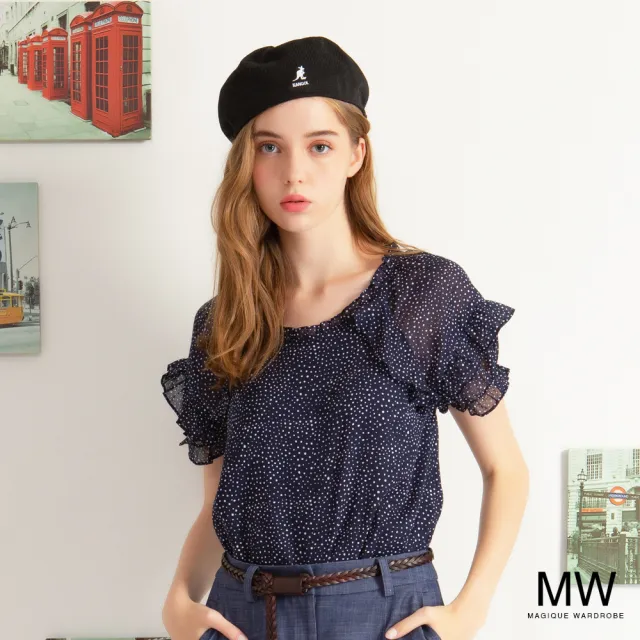 【MAGIQUE WARDROBE】點點荷葉拋袖雪紡上衣(藍白印花)