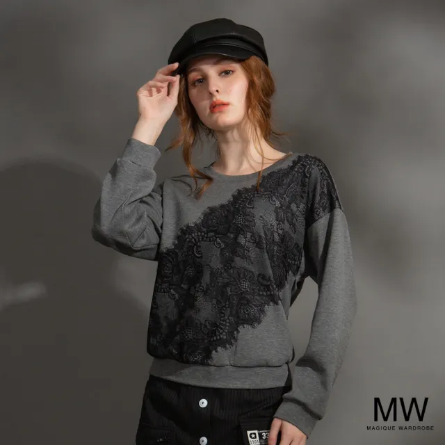 【MAGIQUE WARDROBE】圓領蕾絲拼接長袖上衣(2色)