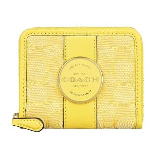 【COACH】COACH LONNIE金屬圓標燙金LOGO緹花布3卡拉鍊短夾(復古黃)