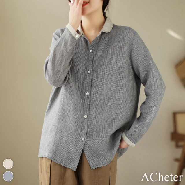 【ACheter】文藝復古細格襯衫長袖大碼簡約風娃娃領短版上衣#115711(2色)