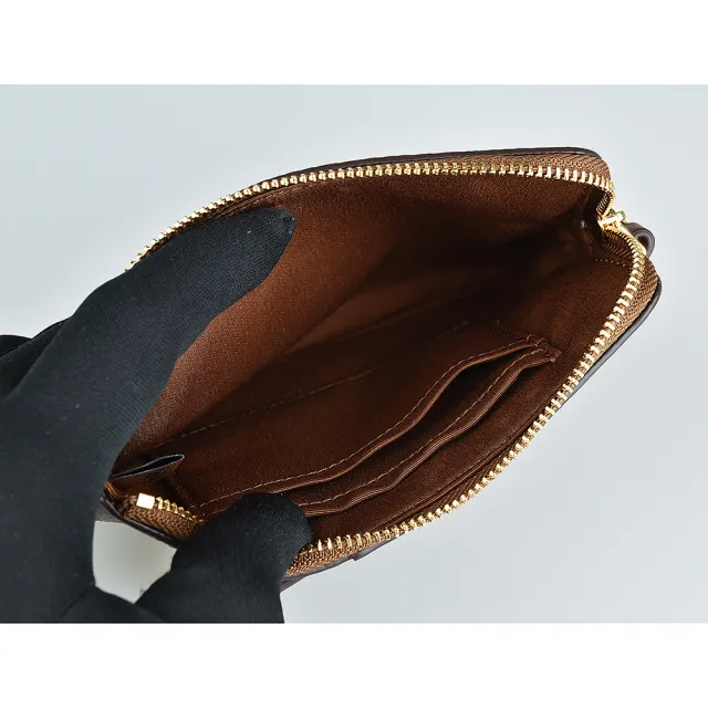 【COACH】COACH☆燙金LOGO老花PVC拼接牛皮拉鍊手拿包(卡其x棕)