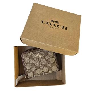 【COACH】COACH 金字馬車織布緹花LOGO拉鍊短夾禮盒組 卡其拼咖色(贈原廠紙盒 紙袋父親節七夕情人節)