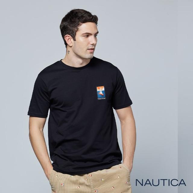 【NAUTICA】男裝 夕陽帆船LOGO圖騰短袖T恤(黑色)