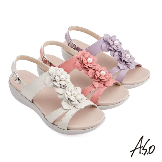 【A.S.O 阿瘦集團】舒活美型珍珠花朵真皮休閒涼鞋(芋)