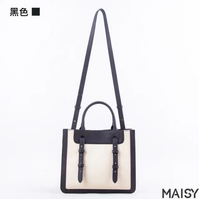 【MAISY】日系牛皮帆布拼接手提方包(現+預 黑色)