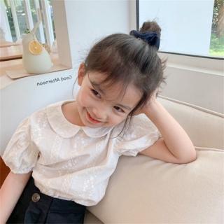 【安朵童舖】現貨韓版繡花襯衫純棉仙氣娃娃領上衣公主袖繡花透氣蕾絲上衣女童寶寶短袖衣服(013)