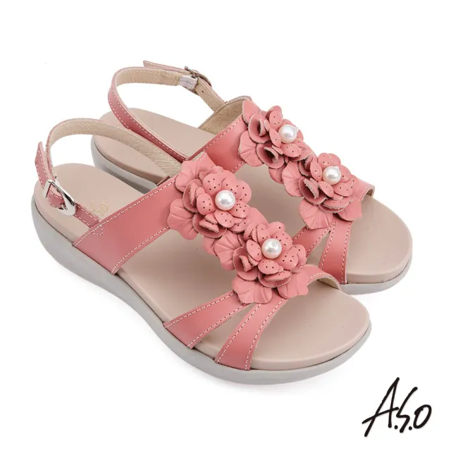 【A.S.O 阿瘦集團】舒活美型珍珠花朵真皮休閒涼鞋(桃粉紅)