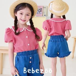 【BebeZoo】紅格子蕾絲娃娃領泡泡袖上衣(TM2304-253-BL106)