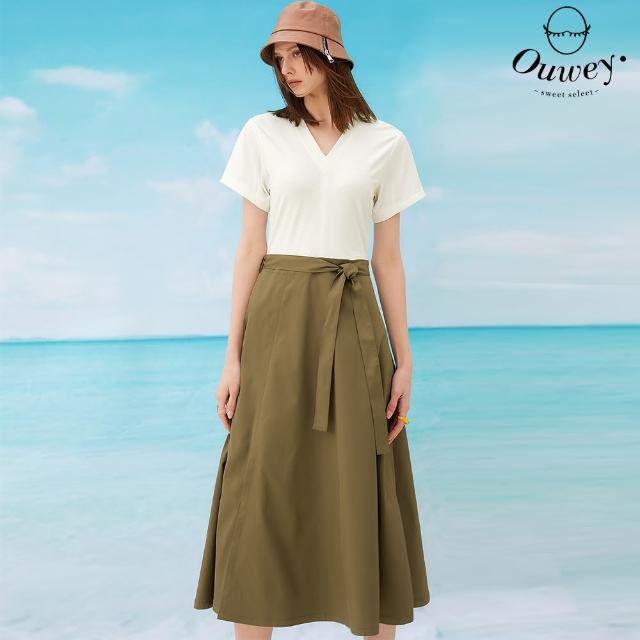 【OUWEY 歐薇】甜美溫柔假兩件收腰綁帶洋裝(卡其色；S-L；3232327045)