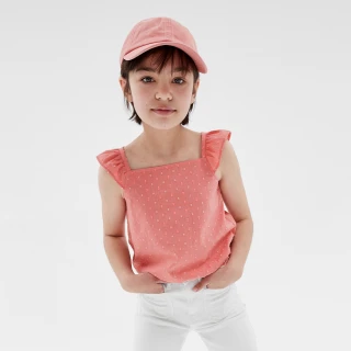 【GAP】女童裝 輕薄方領花邊袖無袖上衣-橙紅色(622658)