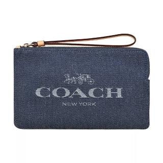 【COACH】COACH經典字母LOGO刺繡丹寧布拉鍊手拿包(大/丹寧藍)