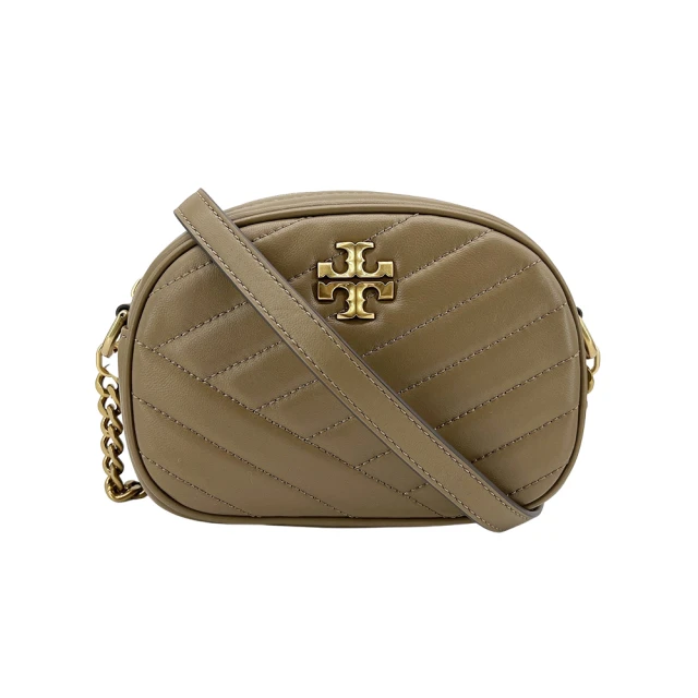 TORY BURCH Kira Chevron 羊皮金logo斜紋鍊帶相機包(90450-駝色)