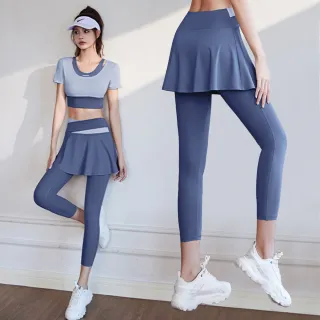 【KISSDIAMOND】蜜桃拚色假2件彈力緊身褲2件套裝(上衣+褲子/KDA-3533/藍色)