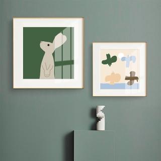 【House Deco 吾所飾室】北歐兒童房床頭卡通動物相框掛畫60*60cm(卡通動物綠色兔子掛畫卡紙相框畫-)