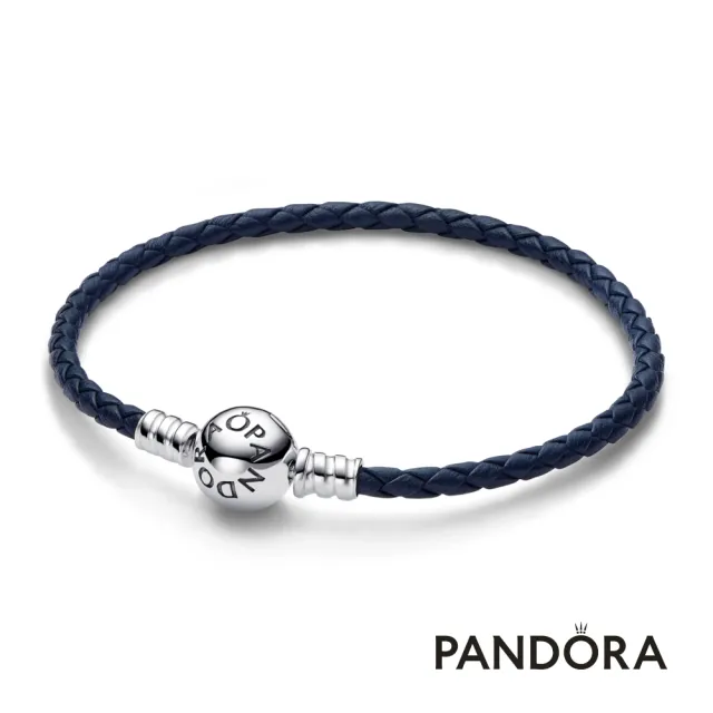 【Pandora 官方直營】Pandora Moments 圓形飾扣藍色編織皮繩