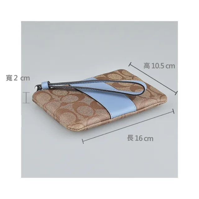 【COACH】COACH 燙金/銀馬車LOGO緹花PVC拼接牛皮拉鍊手拿包(卡其x水藍)