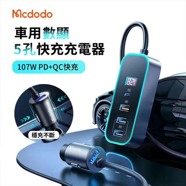 107W 5孔PD快充+QC 車用數顯充電器 車充 車載點菸器 1.5M
