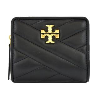 【TORY BURCH】KIRA 金字LOGO羊皮斜紋拉鍊零錢短夾(黑)