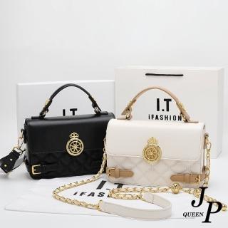 【Jpqueen】皇冠舵輪菱格雙皮扣鍊條手提側肩斜揹包小方包(2色可選)