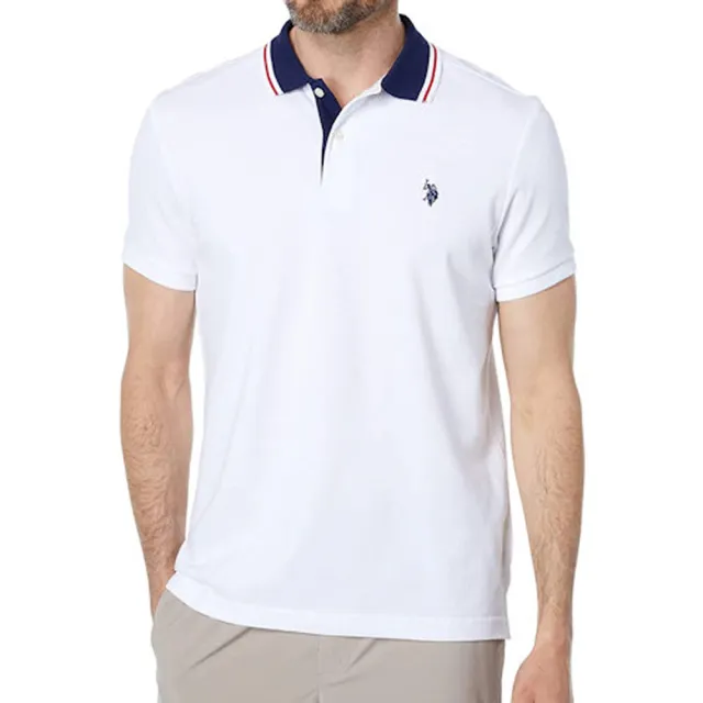 【U.S. POLO ASSN.】2023男時尚小馬球造型領合身白色短袖POLO-網