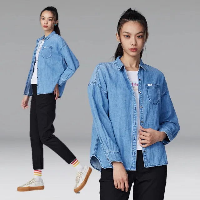 【Lee】女裝 牛仔長袖襯衫 / 經典簡約 淺藍洗水 寬鬆版型(LB308003580)