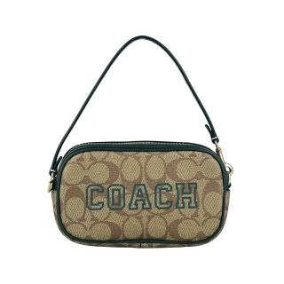 【COACH】COACH Jamie綠字印花LOGO緹花PVC拼接牛皮拉鍊手提包(卡其x亞馬遜綠)