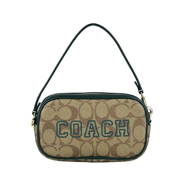 【COACH】COACH Jamie綠字印花LOGO緹花PVC拼接牛皮拉鍊手提包(卡其x亞馬遜綠)