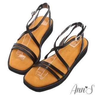 【Ann’S】水洗牛皮-3.5cm小心機厚底！「交叉細帶」方頭涼鞋(黑)