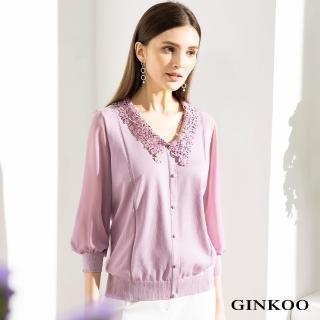 【GINKOO 俊克】花領珍珠釦針織七分袖