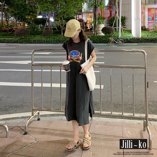 【JILLI-KO】原宿風街頭印花開衩背心連衣裙-F(黑)