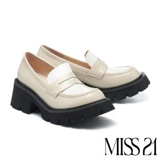 【MISS 21】日常跩甜學院風撞色樂福大頭厚底鞋(杏)
