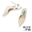 【HELENE_SPARK】時尚美學撞色寬帶全真皮尖頭美型高跟鞋(米)