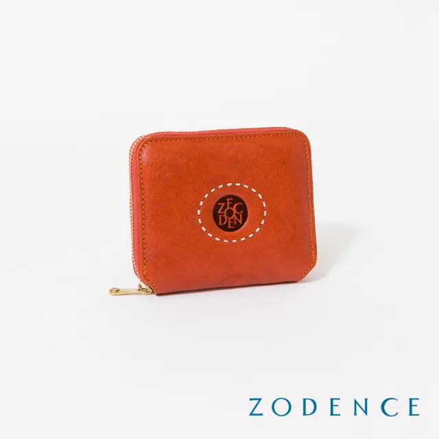 【ZODENCE 佐登司】HAN義大利植鞣革拉鏈卡片零錢包(橘紅)