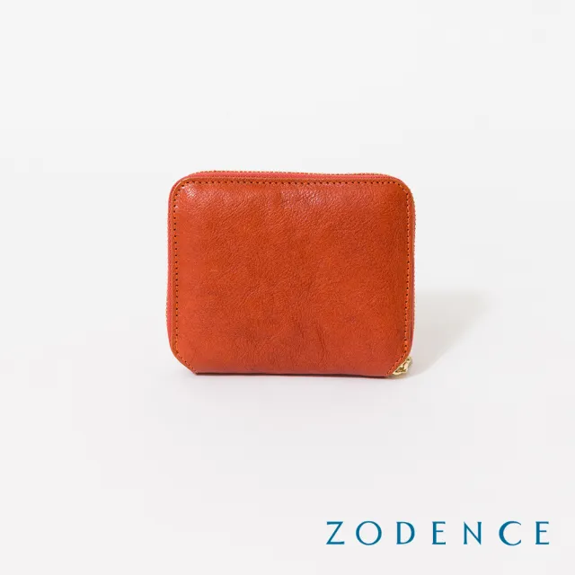 【ZODENCE 佐登司】HAN義大利植鞣革拉鏈卡片零錢包(橘紅)