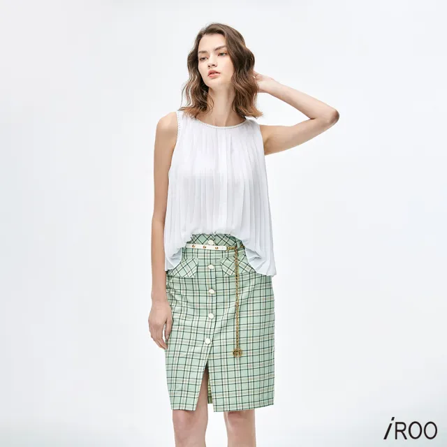 【iROO】綠色交織駝色格紋中長裙