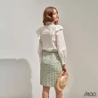 【iROO】綠色交織駝色格紋中長裙