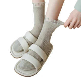 【OT SHOP】菱格紋透膚中筒襪M1223(奶茶色系 蕾絲點點襪口)