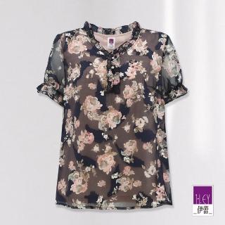 【ILEY 伊蕾】浪漫花卉燒花層次透視雪紡上衣(深藍色；L-XL；1232071478)