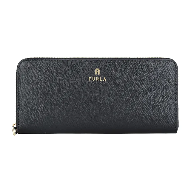【FURLA 芙拉】FURLA CAMELIA金字字母LOGO牛皮8卡拉鍊長夾(黑)