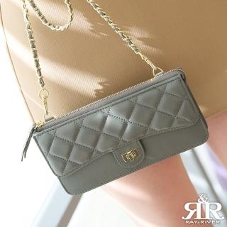 【2R手工真皮】綿霜羊皮 Kerry 菱格鏈帶斜背造型長夾 名媛灰(皮夾 斜揹包)