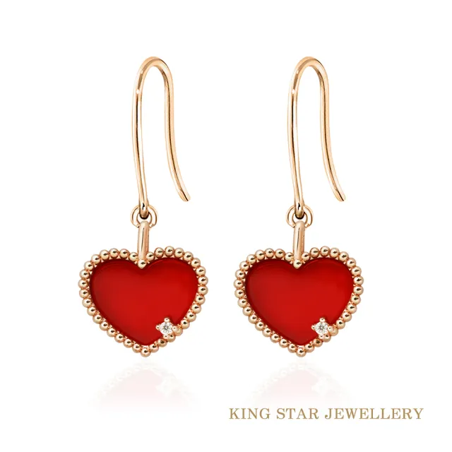 【King Star】18K玫瑰金瑪瑙愛心 耳勾式天然鑽石耳環
