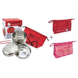 【HELLO KITTY】手把式不鏽鋼圓形雙層便當盒+多功能小物收納網袋超值組(臺灣正版授權現貨商品)