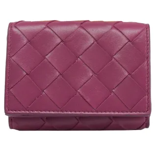 【BOTTEGA VENETA 寶緹嘉】經典手工編織小牛皮扣式雙面三折零錢短夾(桃紫)
