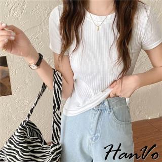 【HanVo】現貨 歐膩感柔軟彈力直坑紋素面上衣(韓版休閒百搭顯瘦圓領短袖上衣 韓系女裝 女生衣著 1433)