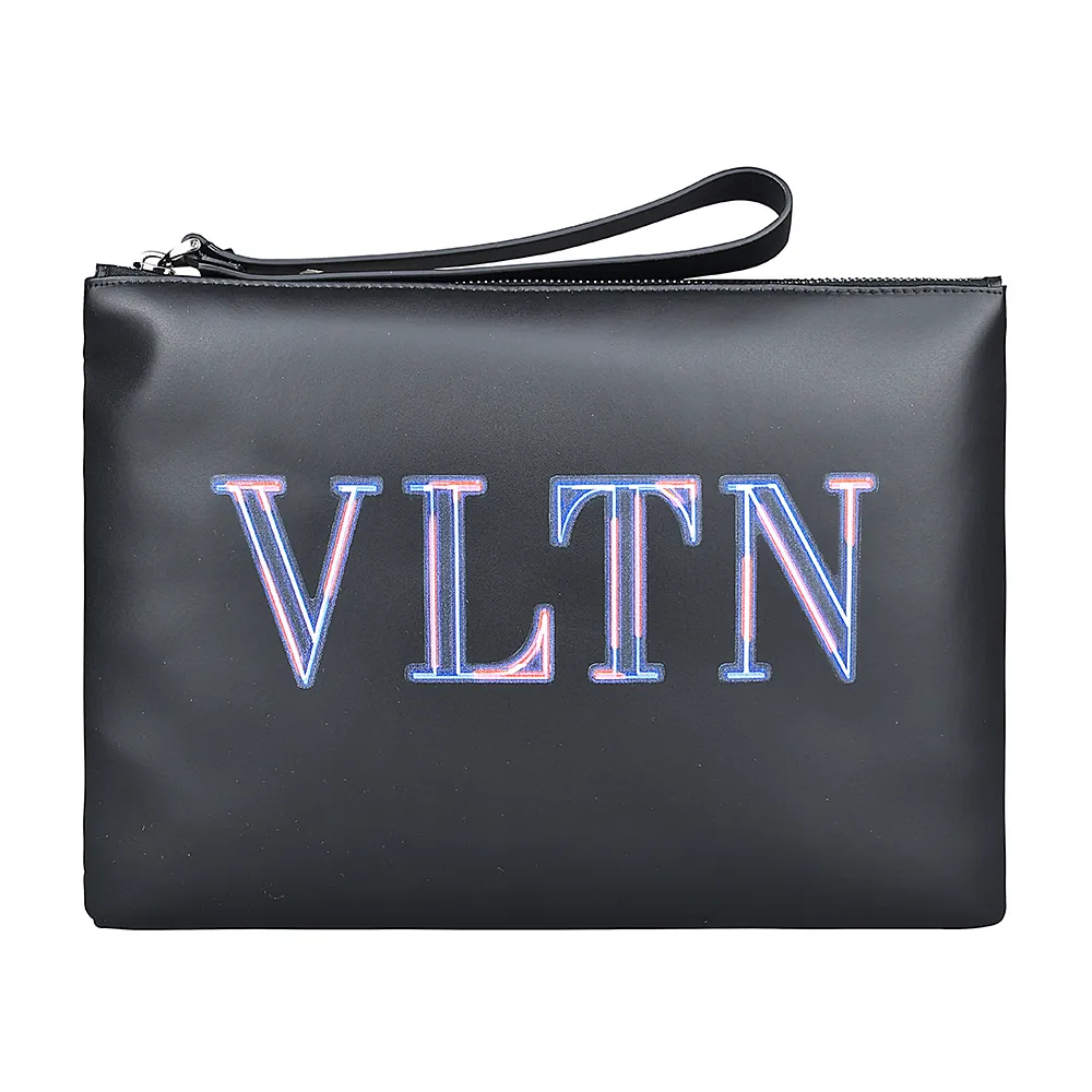 【VALENTINO 范倫鐵諾】VALENTINO GARAVANI VLTN 霓虹縮寫LOGO小牛皮拉鍊手拿包(黑)