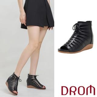 【DROM】坡跟涼鞋 露趾涼鞋/復古幾何縷空繫帶歐美時尚坡跟露趾涼鞋(黑)