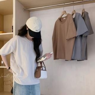 【Want-Meow】85公斤可穿/臺灣製/極致灰/奶茶色寬鬆圓領螺紋素T(素T短袖上衣/短T/T恤/大碼/大尺碼/加大碼)