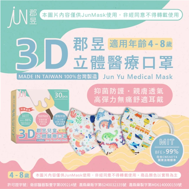 郡昱 兒童3D立體醫療口罩x2盒(適合4-12歲-兒童口罩)